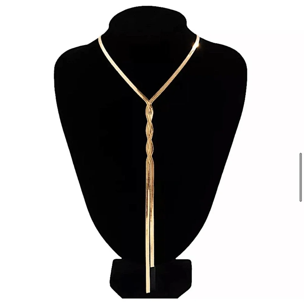 Y Lariat Gold Plated Snake Herringbone Twisted Tassel Necklace - Picture 12 of 13